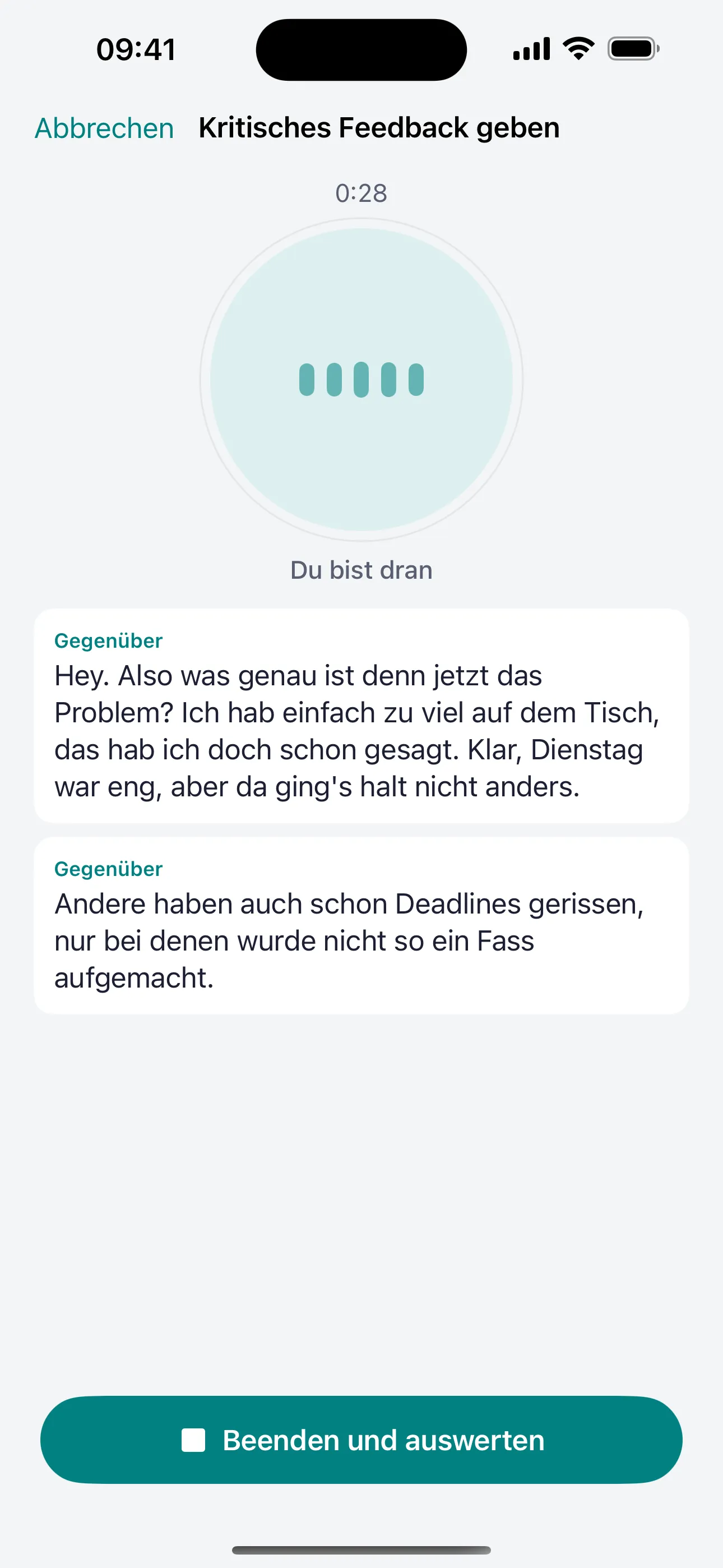 Laufendes Voice-Training: das Gegenüber reagiert gereizt auf Kritik an verpassten Deadlines